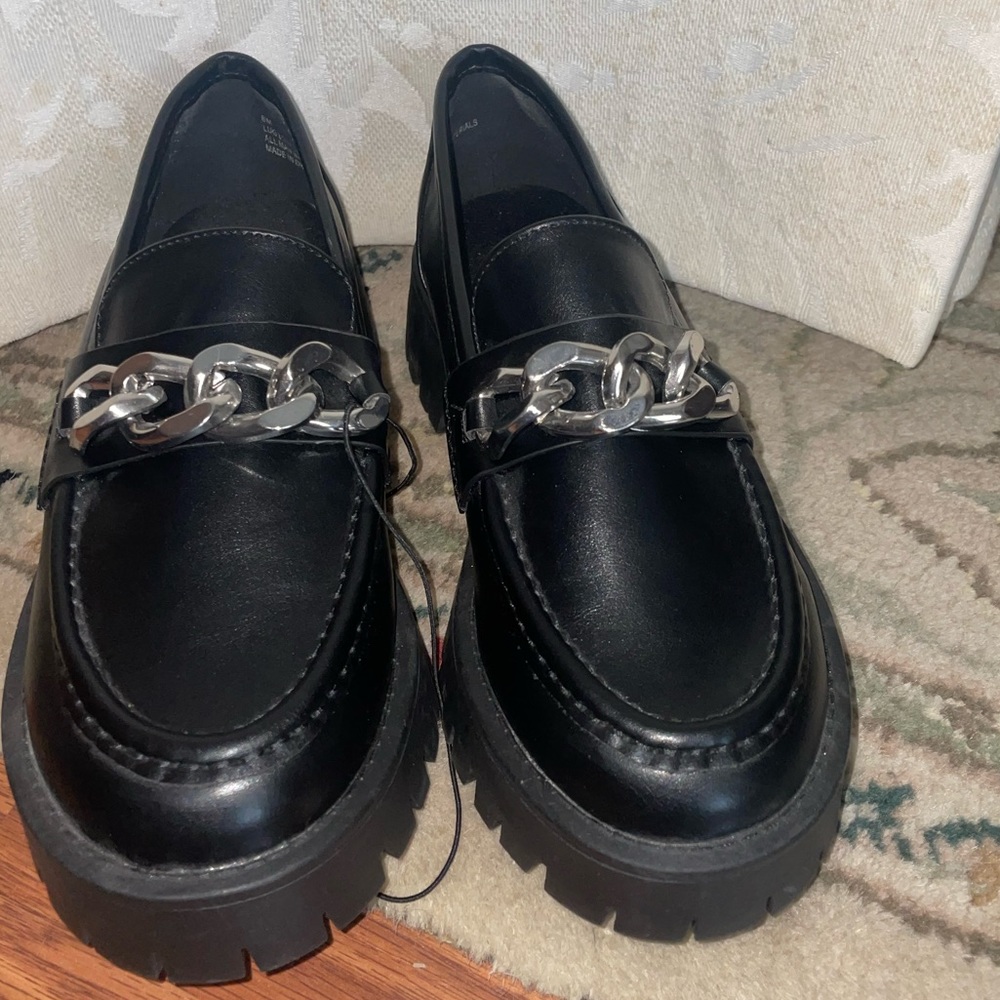 Liz Cole Black Chunky Platform Loafers with Silver Chain buckle Accent